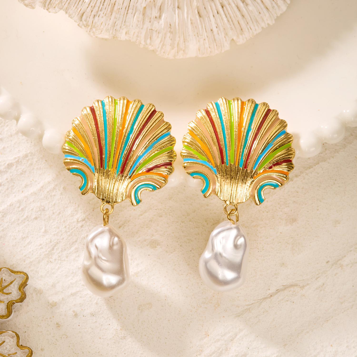 

Colorful Enamel Shell Conch Starfish Imitation Pearl Earrings Ocean Style Vacation Accessory Women s Fashion Trend