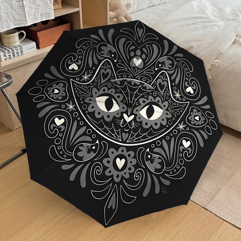 1PC Cat Mandala Automatic Folding Umbrella - Compact 8-Rib Design, Durable Plastic & Iron, Lightweight for Outdoor Daily Use, Festive Gift079