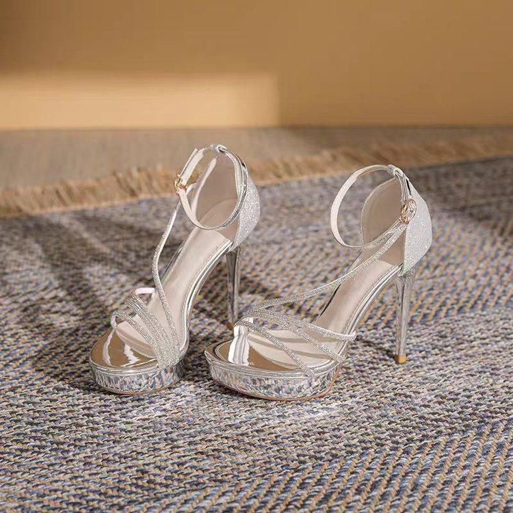 

Rhinestone sandals summer new celebrity fashion ultra-high fine heel waterproof table high heels women s word belt 34 срібний