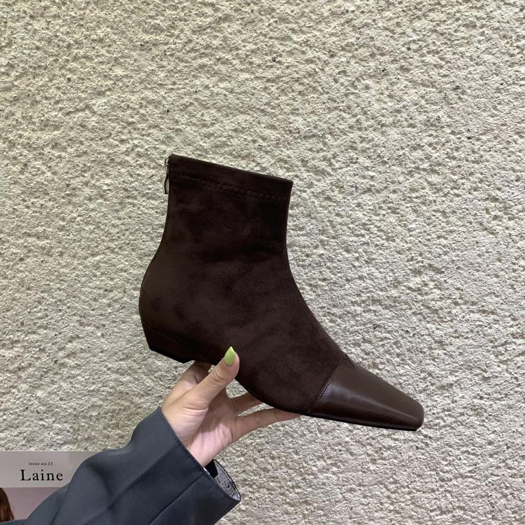 French square head short boots women's autumn and winter black small slope heel thin boots short knight boots bare boots