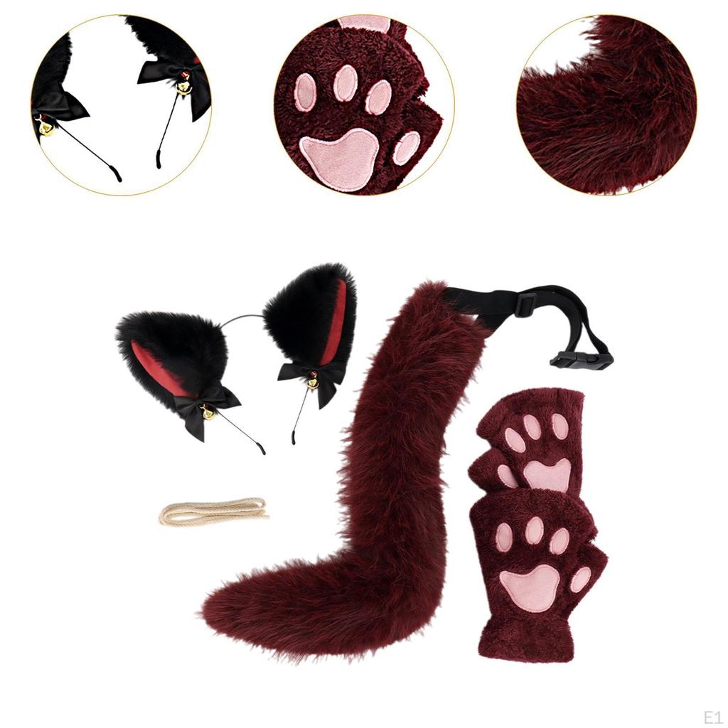 Plush Cat Ears Headband, Claws Gloves and Tail Set Costume Accessories for Party