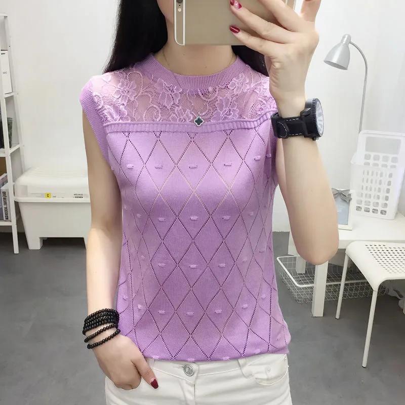 Round Neck Lace Bottoming Shirt Plus Size Women's Sleeveless Loose Camisole Knit Sweater T-Shirt Top