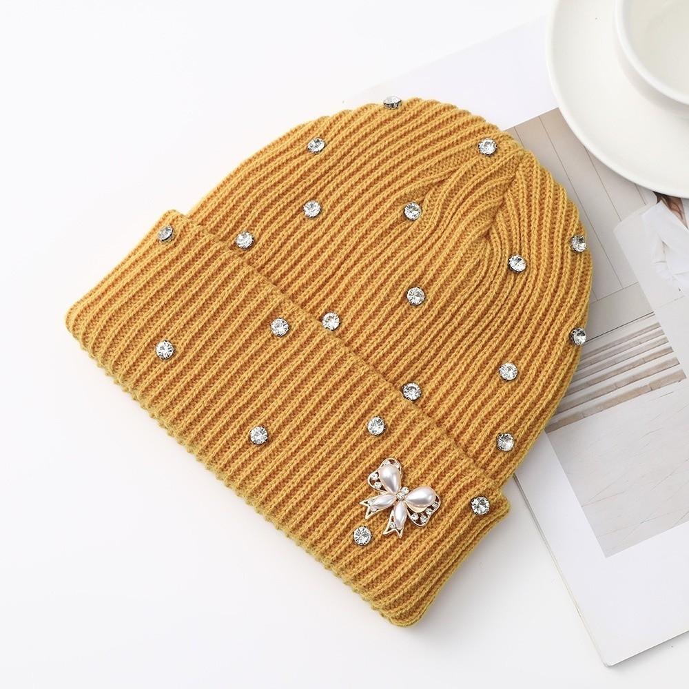 Solid Color Crystal Pearl Bow Beanie Warm Pullover Hat Fashion Knit Hat Outdoor