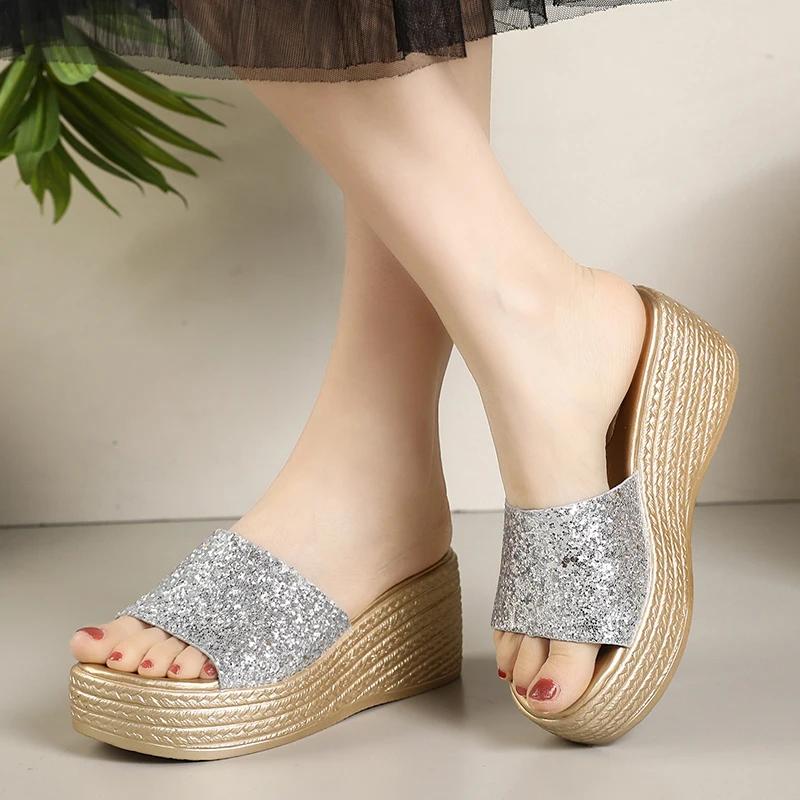 Fashion Luxury Sequins Band Open Toe Slippers Women Fashion Wedge Thick Platform Sandals Woman Plus Size Daily High Heel Slides Mujer