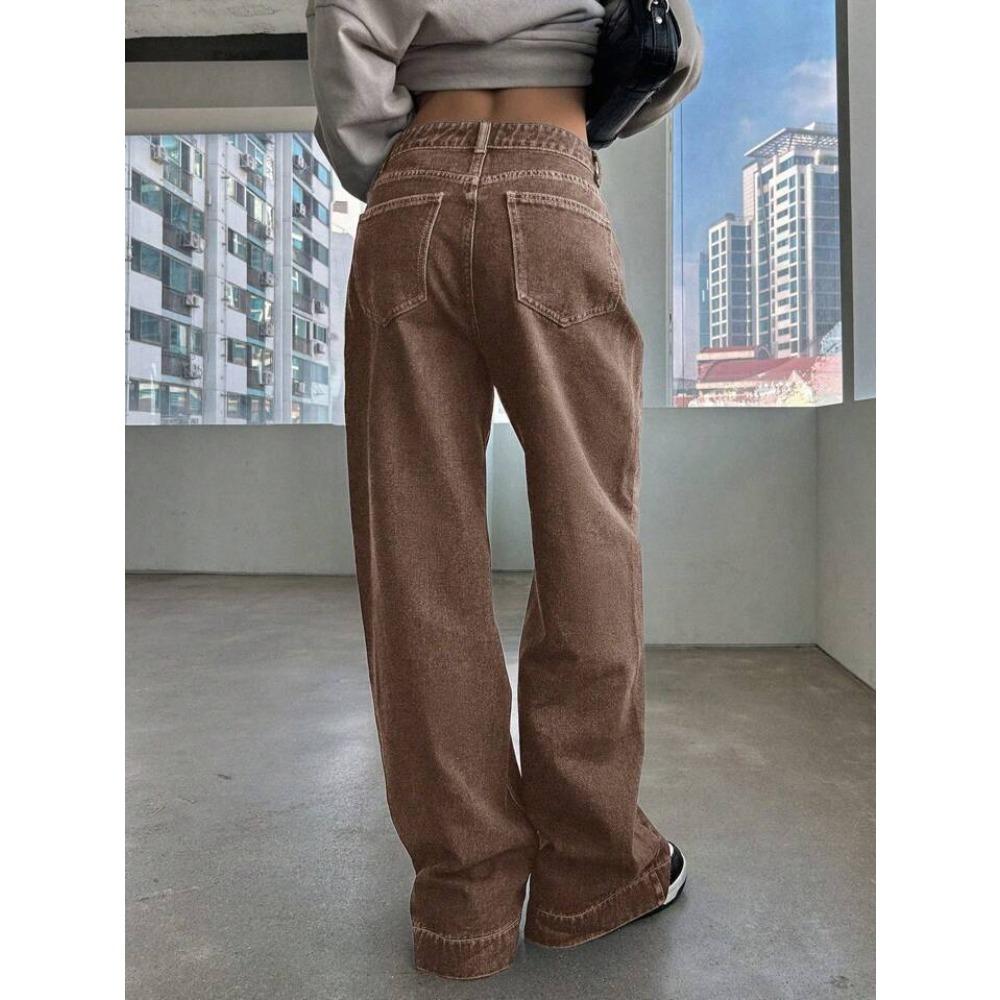 Jeans da Donna Vita Media Gamba Larga Vestibilità Ampia Dritti Vintage Denim Marrone Senza Elasticità Pantaloni Casual Autunnali