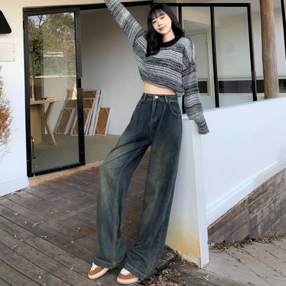 Sweet and Spicy Korean Version of Cement Gray Denim Wide-leg Pants High Waist Loose and Thin Pleated Design Straight Mopping Pants