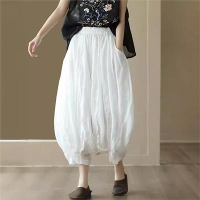 Women Vintage Bloomers Pants Solid Color Elastic Waist Patchwork Pockets Trousers Summer Calf-length Pants