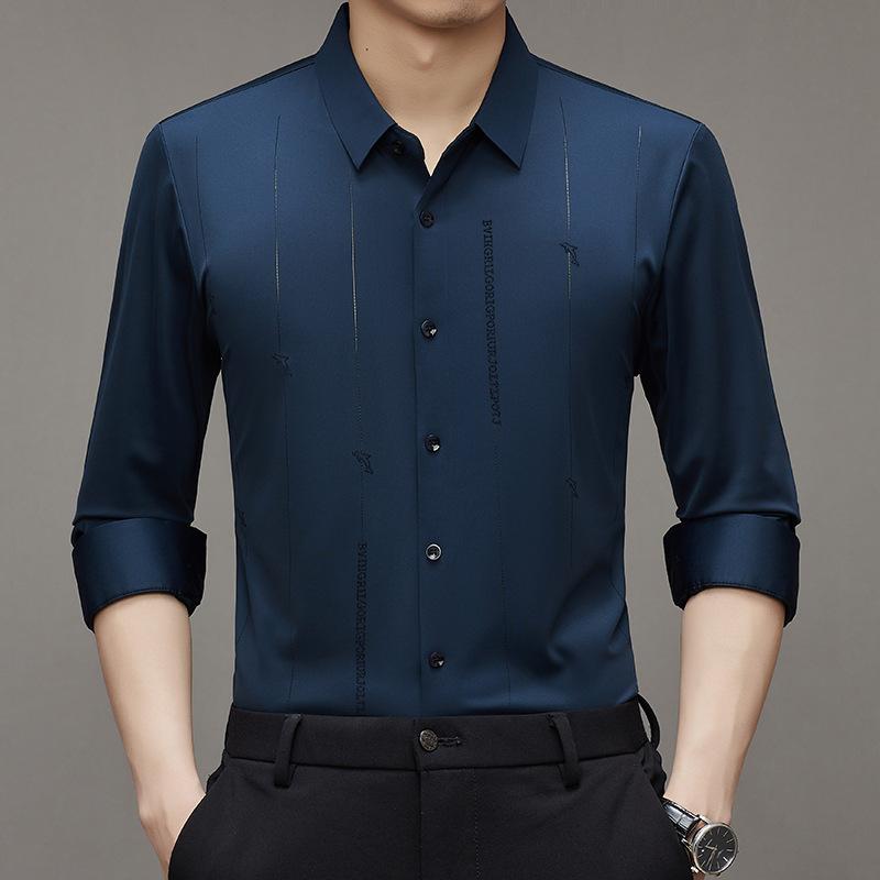 Vår Ny Herr Casual Långärmad Skjorta Enfärgad Stretch Mode Trendig Strykfri Skjorta