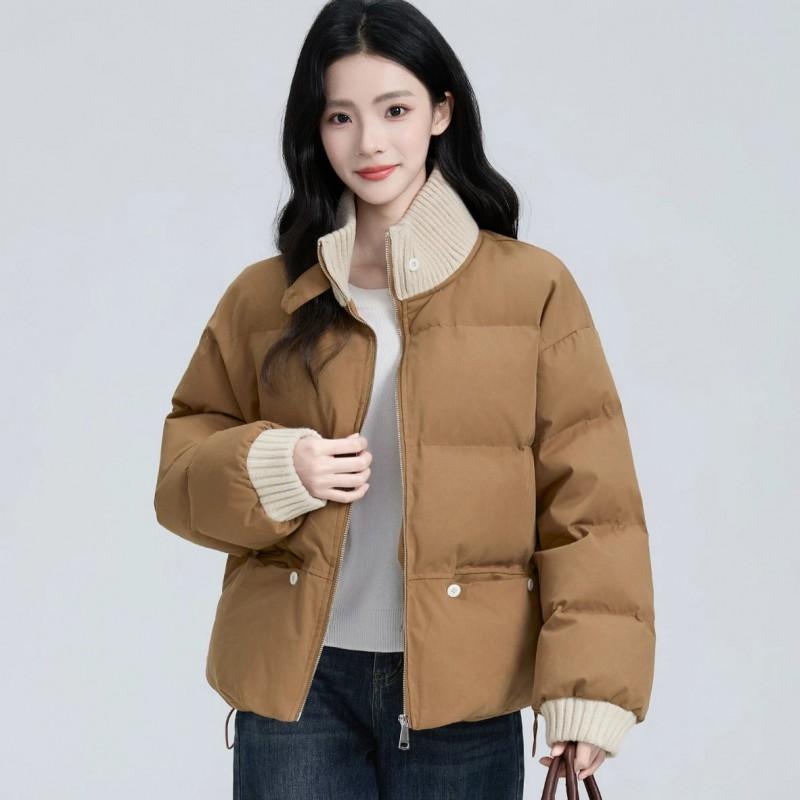 Womens Warm Puffer Coat Short Loose Fit High Neck Cotton Winter Jacket Yellow Caramel Color