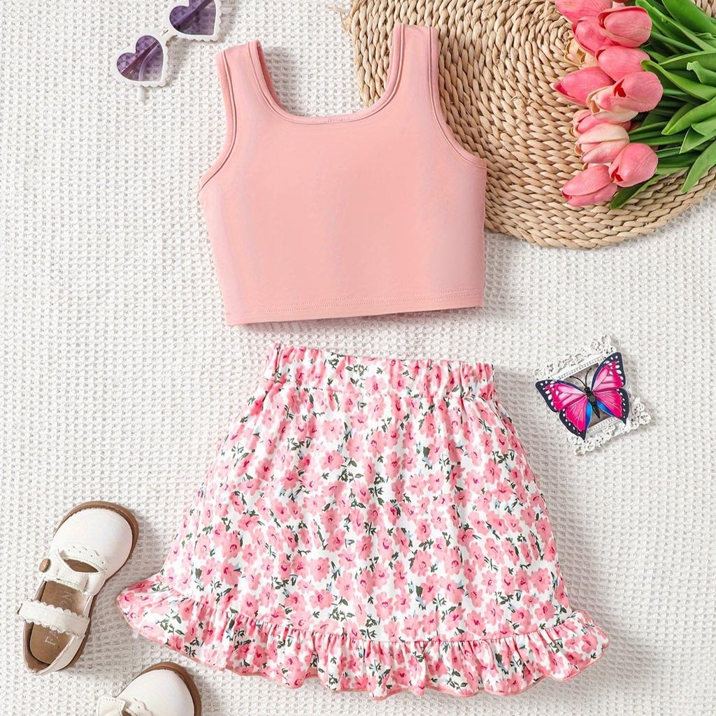2026 Summer Girls Fashionable Sleeveless Vest Top Ruffled Decoration Casual Skirt Suit