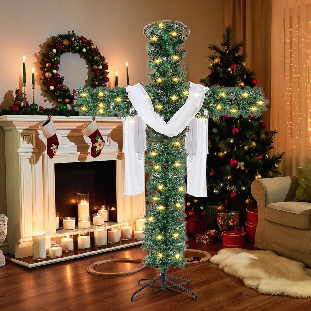 A Cross-shaped Christmas Tree With Lights, Pre-lit, Elongated, Pencil-shaped Artificial Tree, Complete With A Scarf And Christ Crown, Suitable For