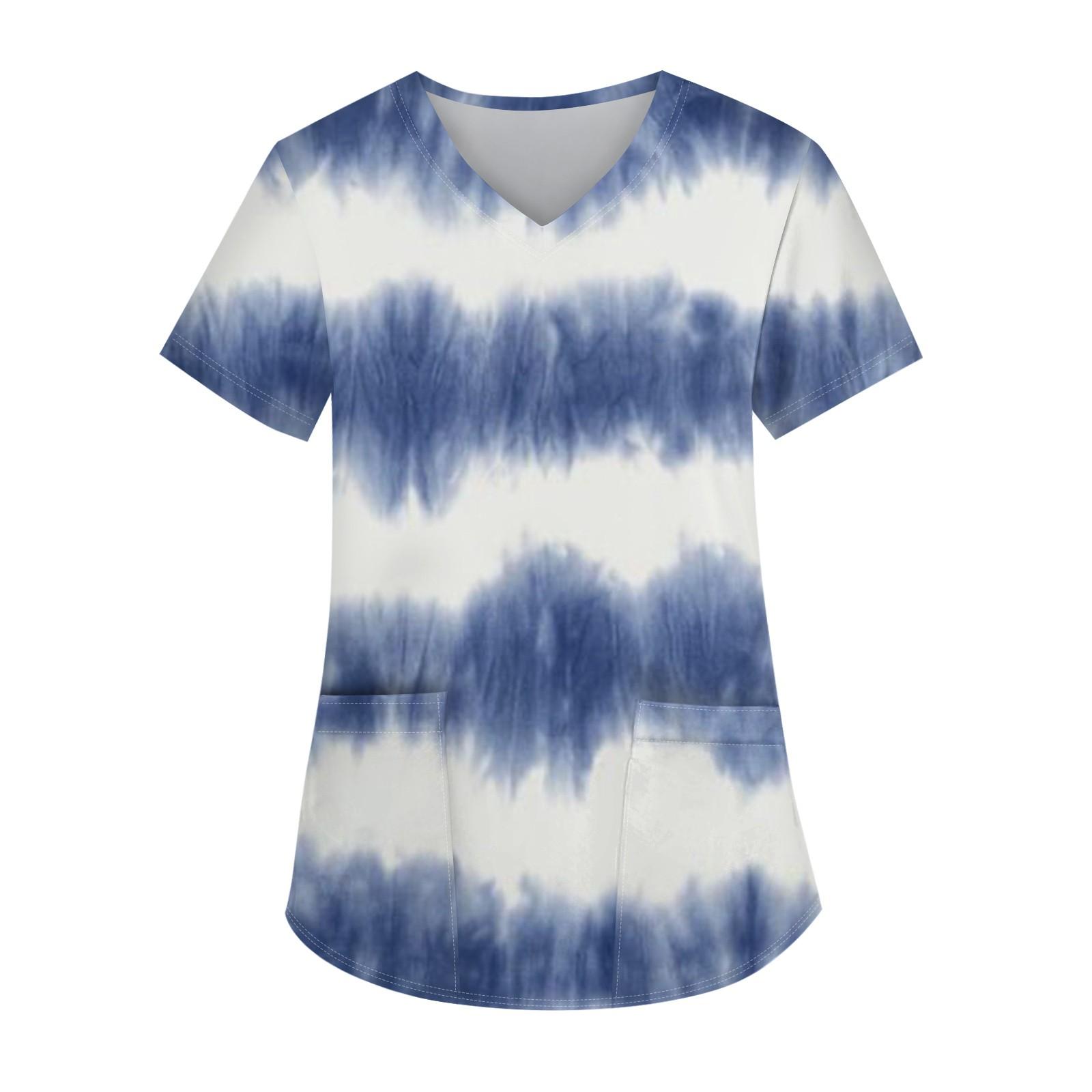 

Женская мода с v-образным вырезом, короткими рукавами и карманами, топы с принтом L синий