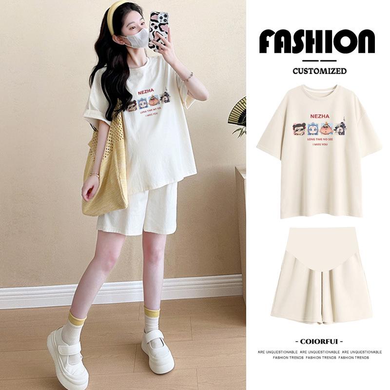 Women's Loose Short-Sleeve Maternity T-Shirt & Pajama Set - Belly Covering Casual Summer Outfit