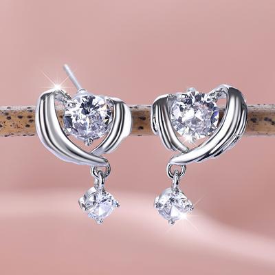 Orecchini a bottone con ali d'angelo semplici e alla moda, in zircone bianco, a forma di cuore, per donne, classici orecchini da sposa, gioielli di fidanzamento