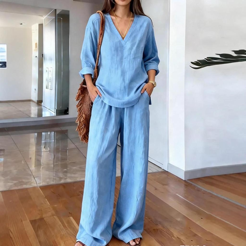 2026 Spring European & American Women's Fashion Casual Two-Piece Set: Top & Wide-Leg Pants.