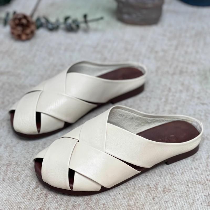 Fashion GKTINOO Genuine Leather Woven Round Toe Slippers 2025 Summer New Women Shoes Casual Outside Slides Comfort Flats Slippers