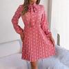 Autumn Winter Women's High Waist Pleated Dress Long Sleeve Lace Up Dot Temperament