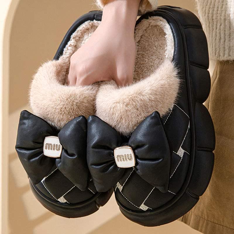Women's Thick-Soled Waterproof Cotton Slippers - Men's Fashion, Warm Bow Style, Non-Slip for Outdoor Winter Wear.
