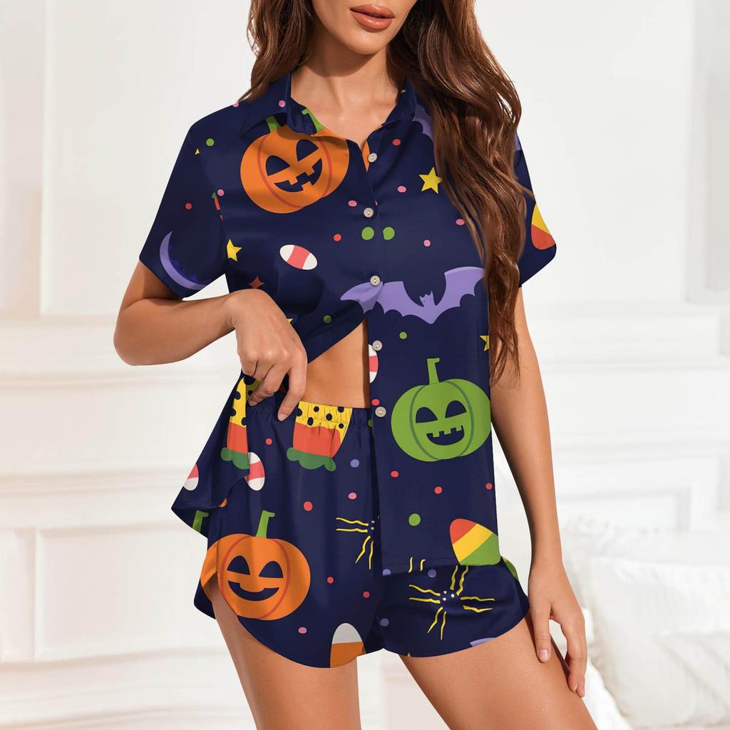 Damen Pyjama-Set aus Eisseide mit Knopfleiste, Heimkleidung, Halloween-Print, kurzärmliges Satin-Pyjama-Set