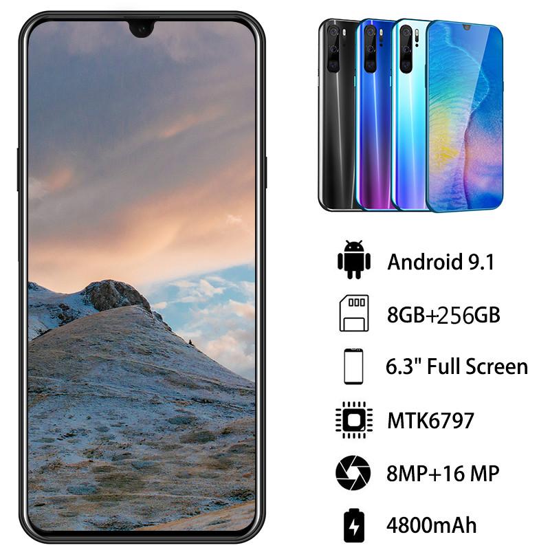 Смартфон P80 6.3 дюймовый, 8ГБ оперативной памяти + 256 ГБ, Android 9.1 ...