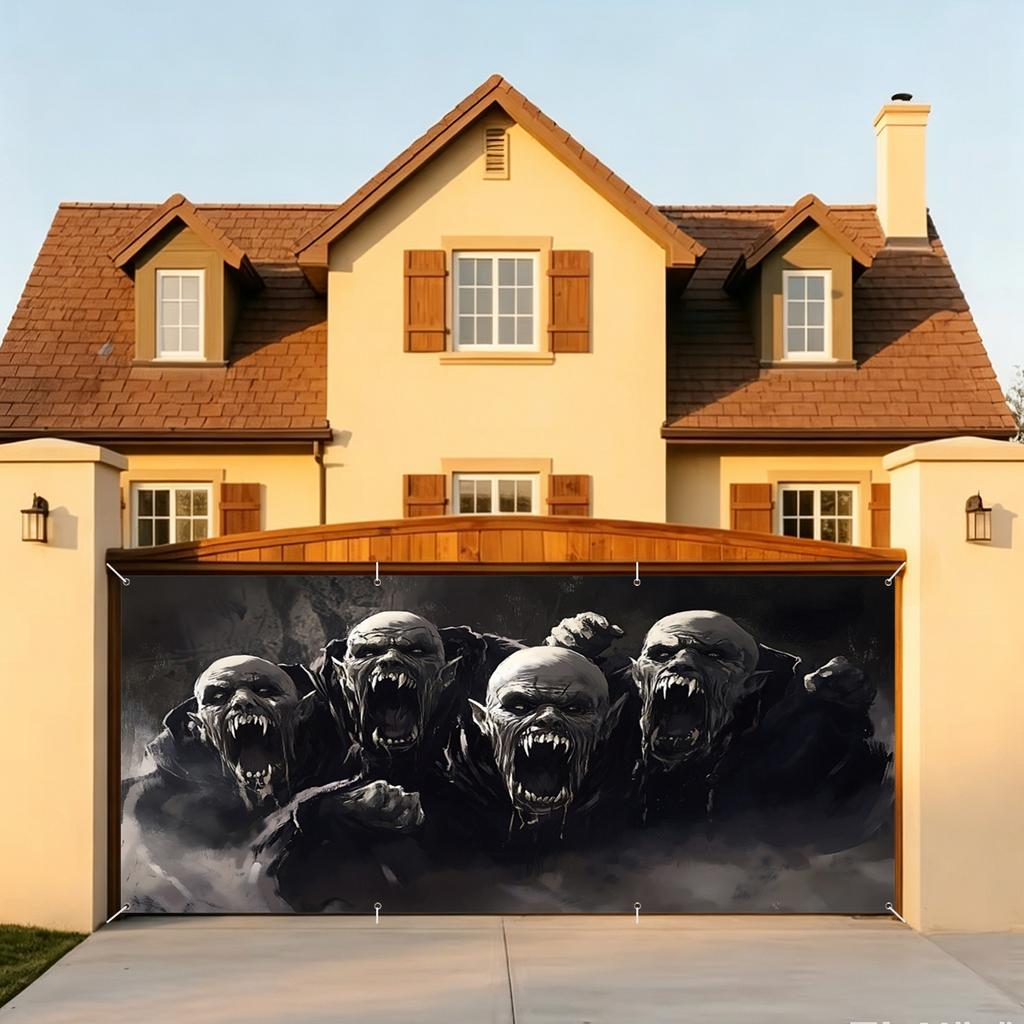 Spooky Halloween Garage Door Banner Durable Polyester Creepy Forest and Screaming Skull Design Perfect for Parties Outdoor Decor