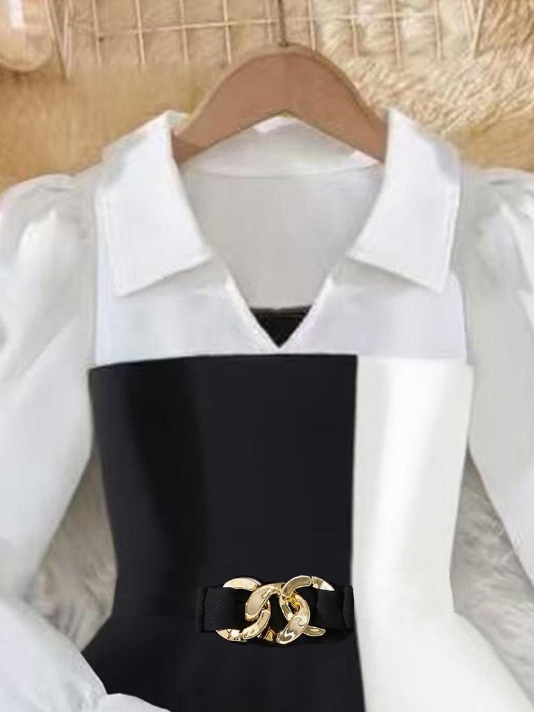 Mädchen Schwarz-Weiß Colorblock Langarm Schulkleid mit Hemdkragen - Preppy Stil für Frühling & Herbst