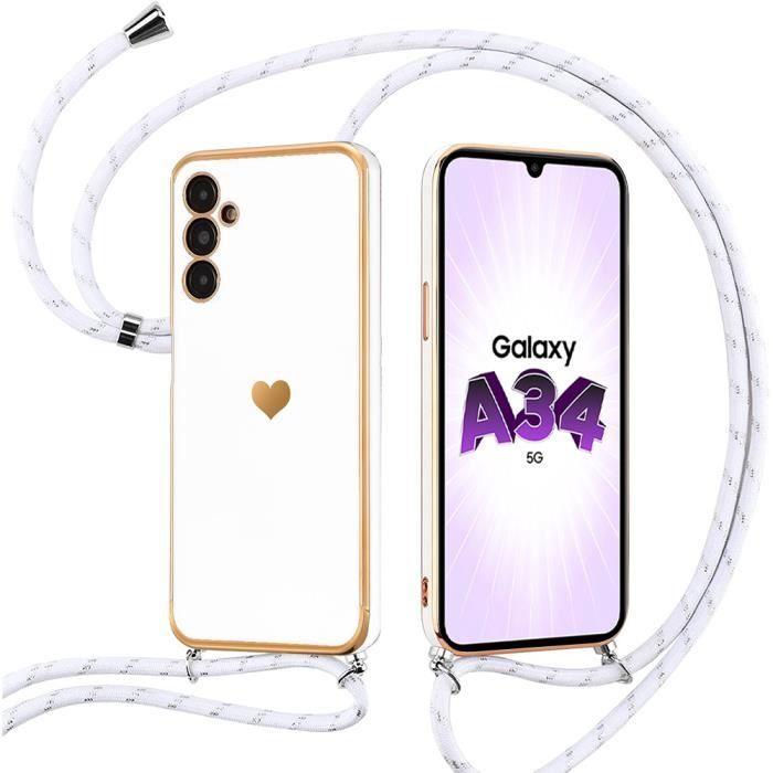 Necklace Case Lanyard for Samsung Galaxy A34 5G - Slim Protection Heart Pattern - White