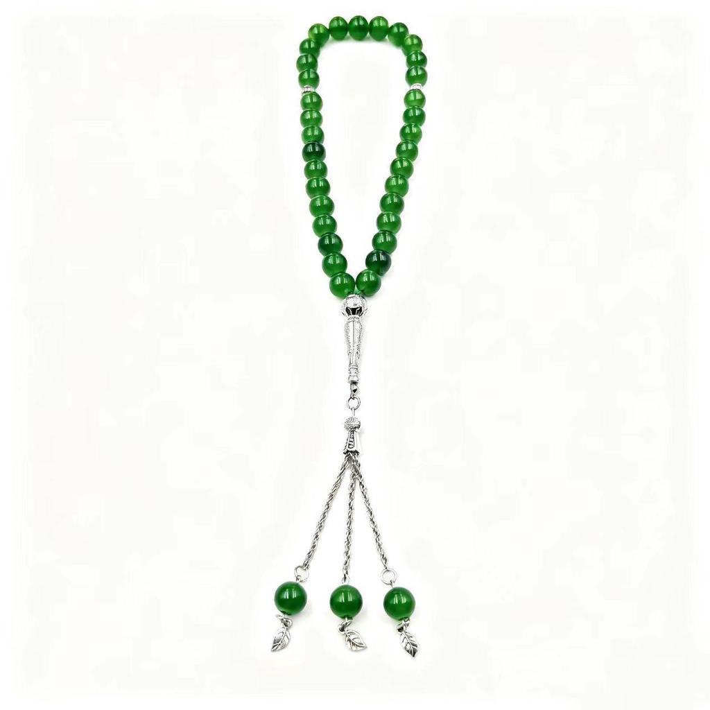 Multi-color Imitation Agate Glass Prayer Beads Bracelet with Silver Tassel - 33 Bead Ethnic Style Ornament.