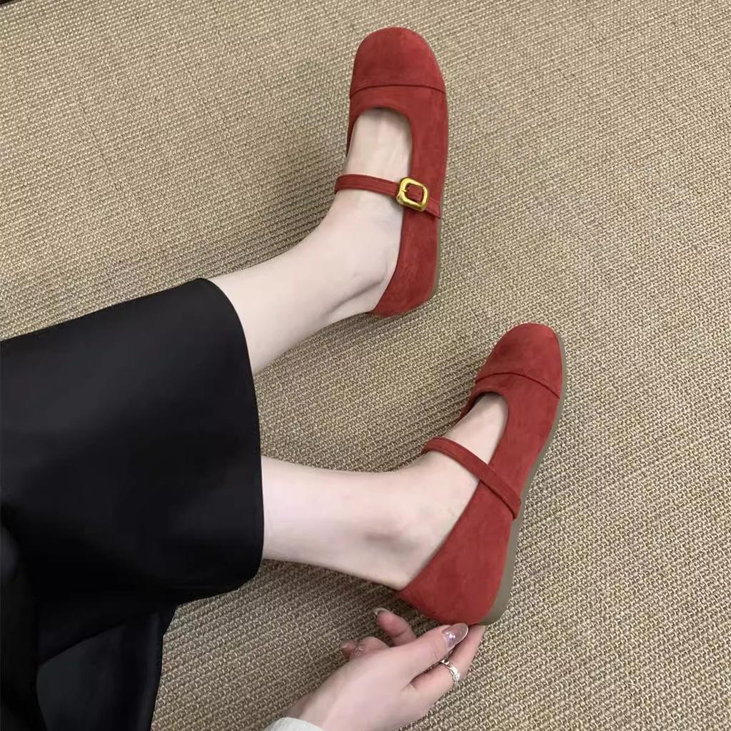 Světle červené jednoduché boty dámské jarní a podzimní nové francouzské retro jemné semišové boty Mary Jane s plochou čepicí