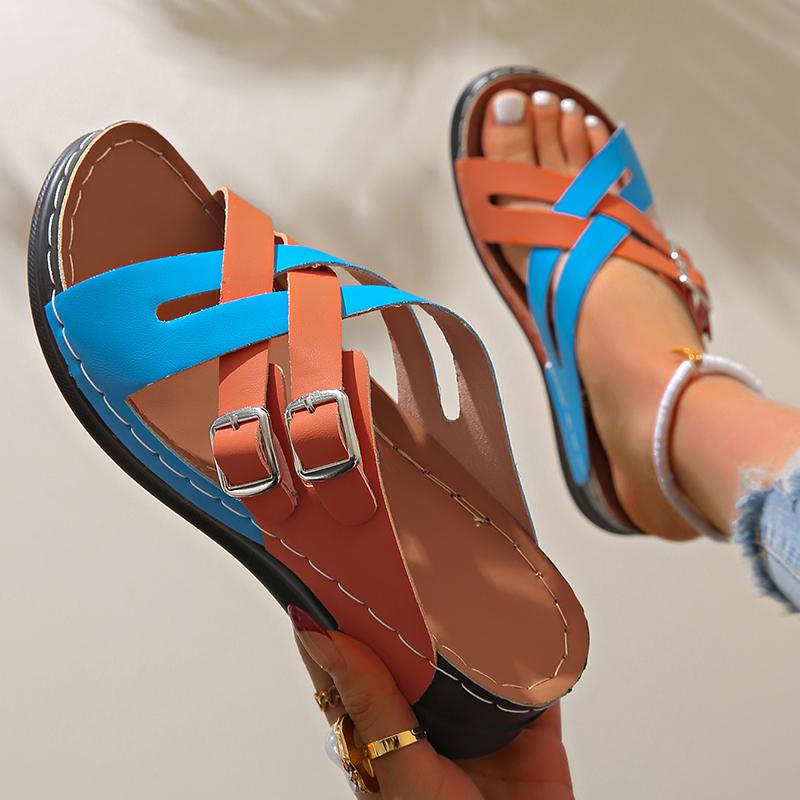 Fashion Mixed Color Cross Strap Wedge Sandals for Women Summer 2025 Comfort Non Slip Beach Shoes Woman Double Buckle Platform Slippers