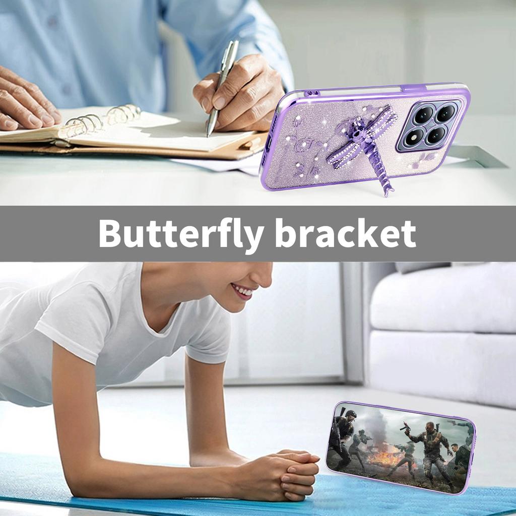 KADEM For Xiaomi 15T Case Dragonfly Kickstand TPU Flowers Glitter Phone Cover