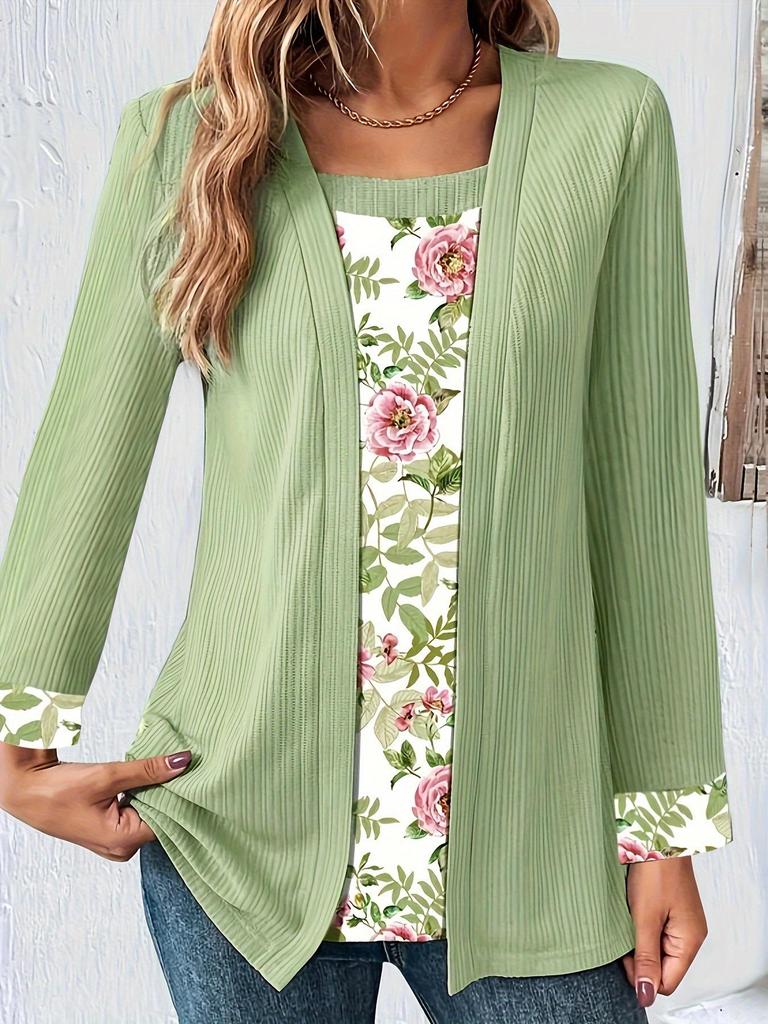 2024 Autumn-Winter Women's Solid Color Printed Patchwork Long Sleeve Fake Two-Piece T-Shirt