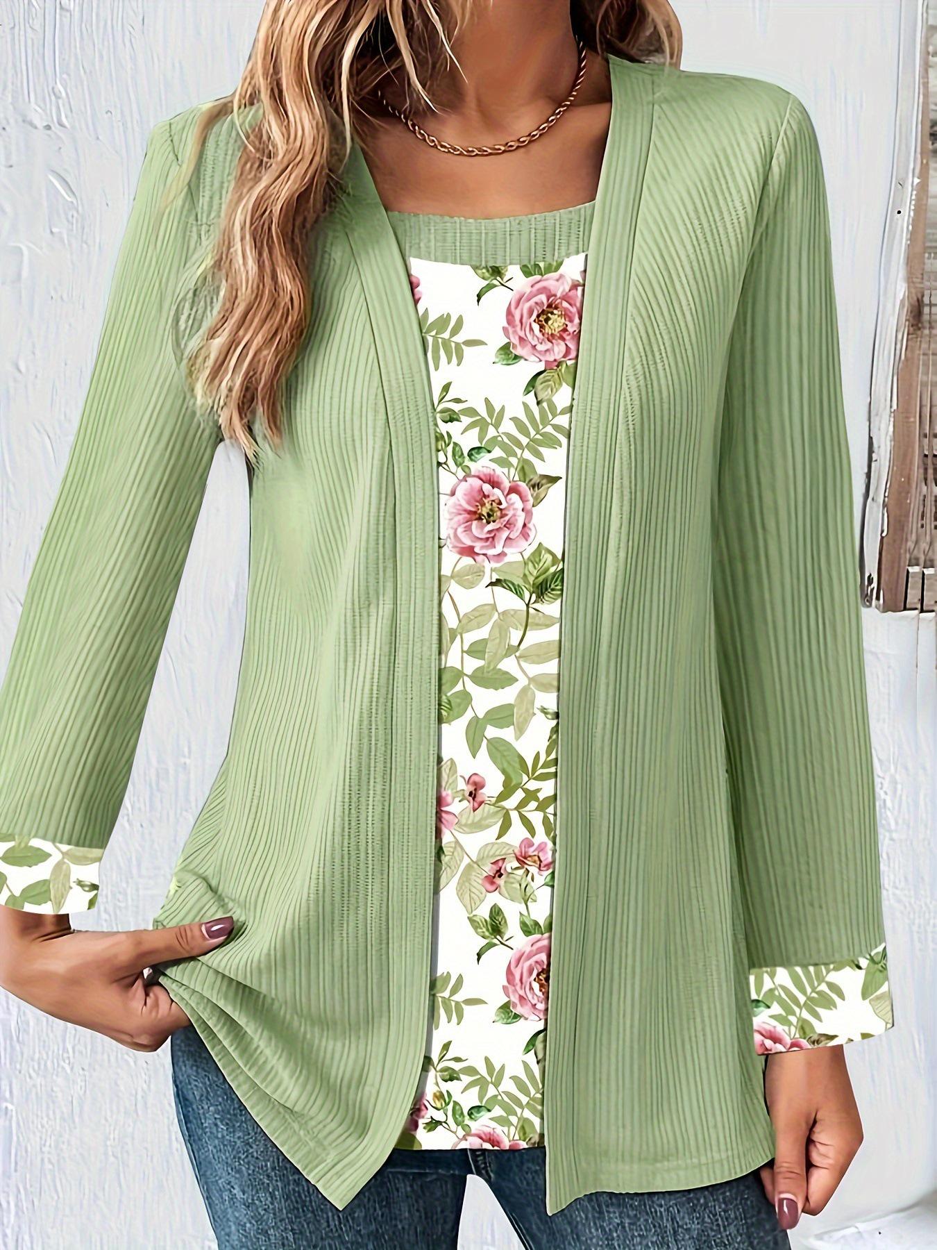 

2024 Autumn-Winter Women s Solid Color Printed Patchwork Long Sleeve Fake Two-Piece T-Shirt L