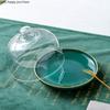 Green Ceramic Cake Pan Glass Cover Round Fruit Plate Cake Stand Snack Dessert Plate Decorative Display Tray Transparent Cover
