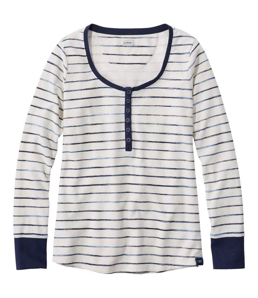 LL Bean Unshrunkable Mini Waffle Long Sleeve US Size Painterly 1000146905 Women's Tee, Henley, Striped, Fit, Petite, L, Sailcloth, Stripe, White,