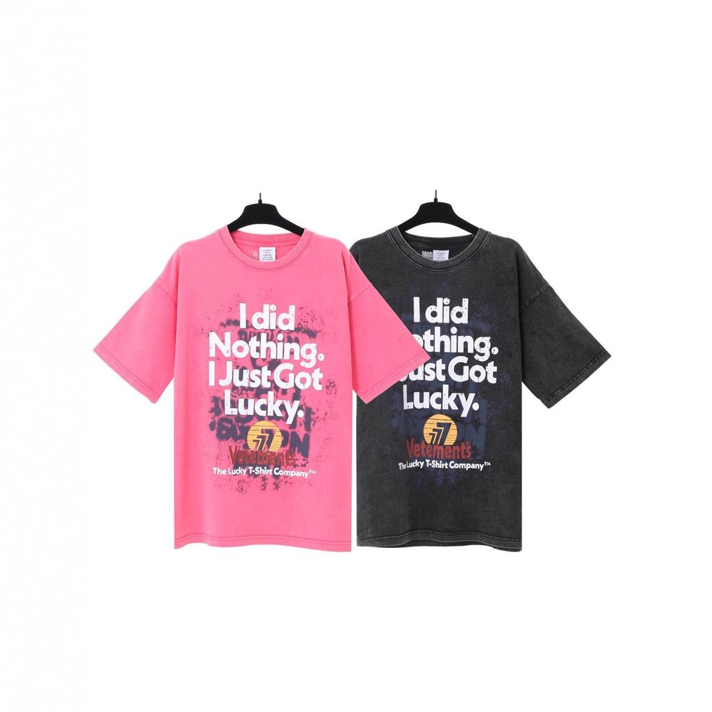 T-shirt in cotone puro a doppia filatura, lavata e invecchiata, con stampa di lettere Vetements, versione alta transfrontaliera, per uomo e donna