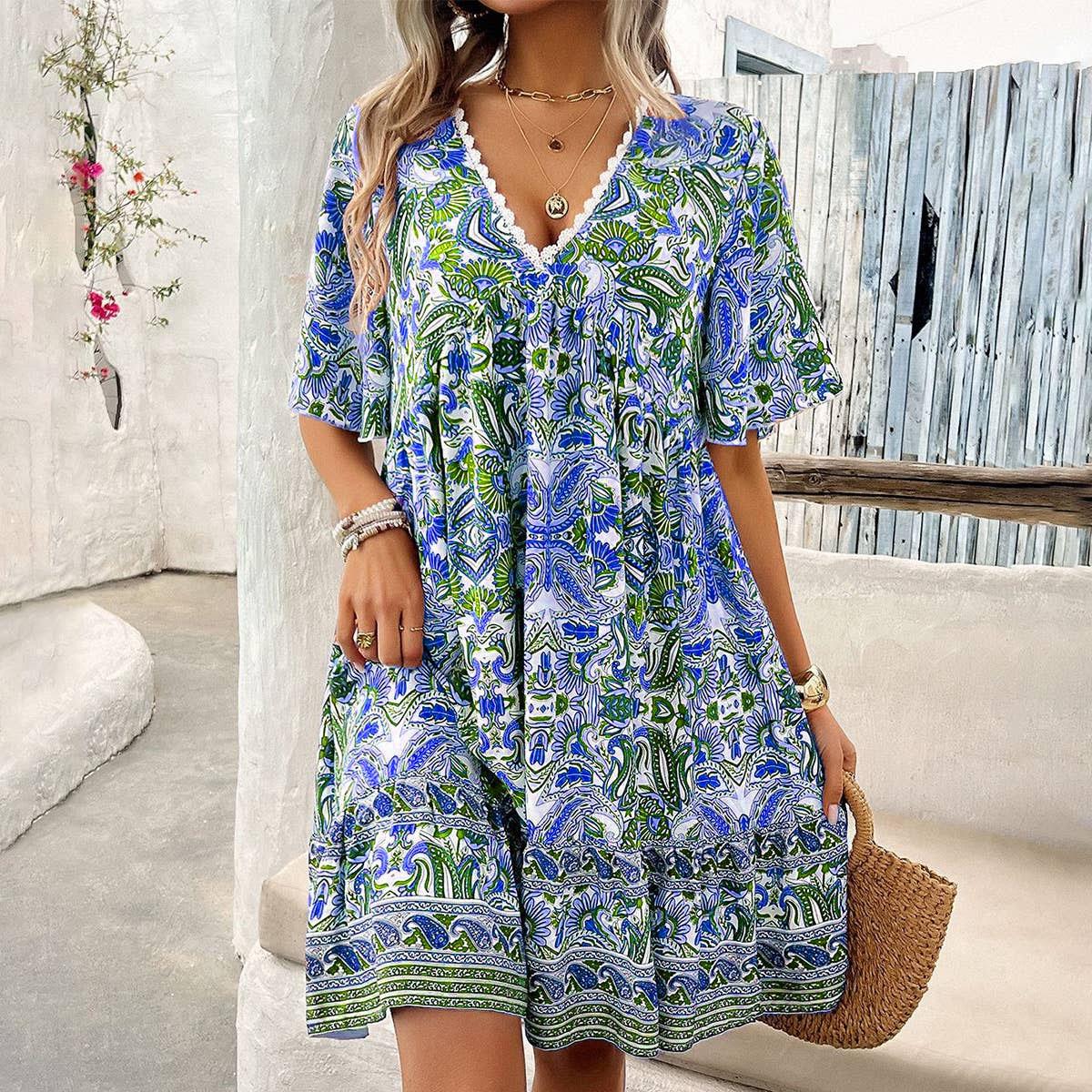 Spring 2026 Elegant Lace V-Neck Printed Dress 3XL королевский синий