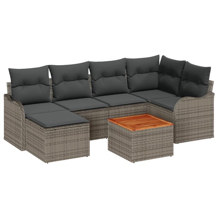 VidaXL Ensemble de Canapé de Jardin 7 Pièces avec Coussins Gris Rotin Poly Acacia 3356144