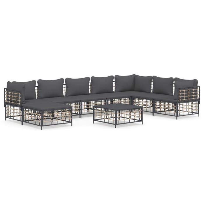 VidaXL Salon de jardin 9 pcs avec coussins anthracite résine tressée, ensemble de salon, ensemble de salon d'extérieur, 3186793