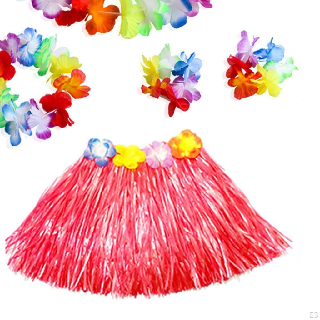 5 Costume Set, Raffia Skirt, Colorful Flowers, Bracelets, Necklace And Headband for Costumes