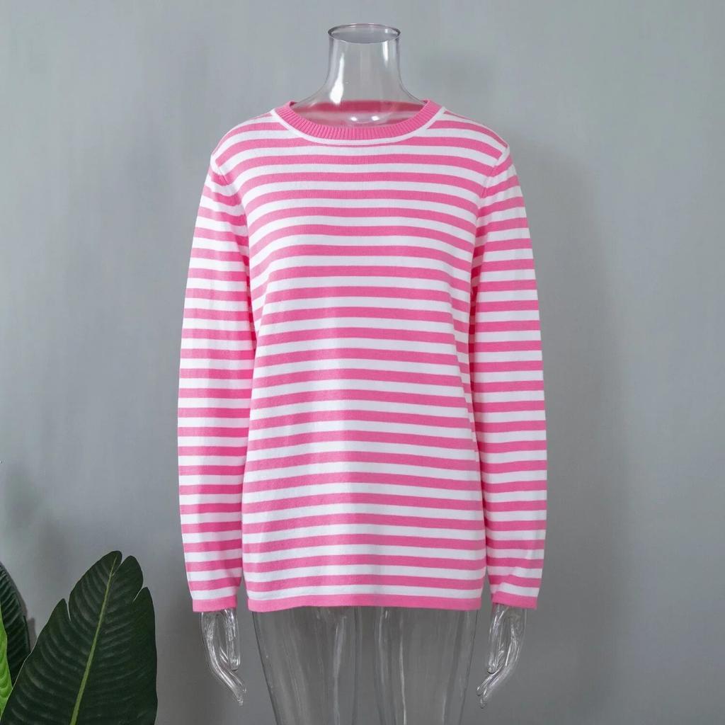 Autumn Fashion Knitted O-neck Striped Sweater Women Vintage Classic Ladies Pullover Casual Long Sleeve Loose Sweater Top 29674