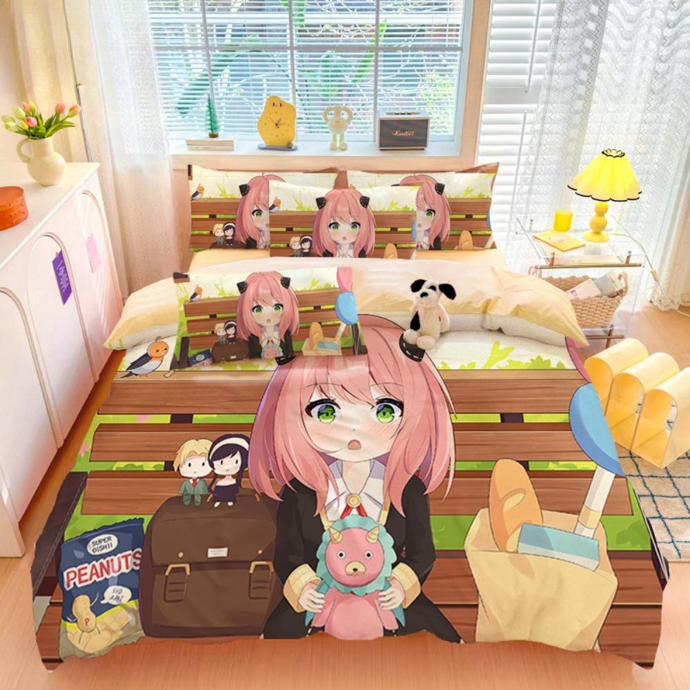 Cartoon Anime girl,Microfibre Bedding Sets, Children's Bed Decor Duvet Cover for Teenagers Adult 3-Piece  with Zip Room Decor