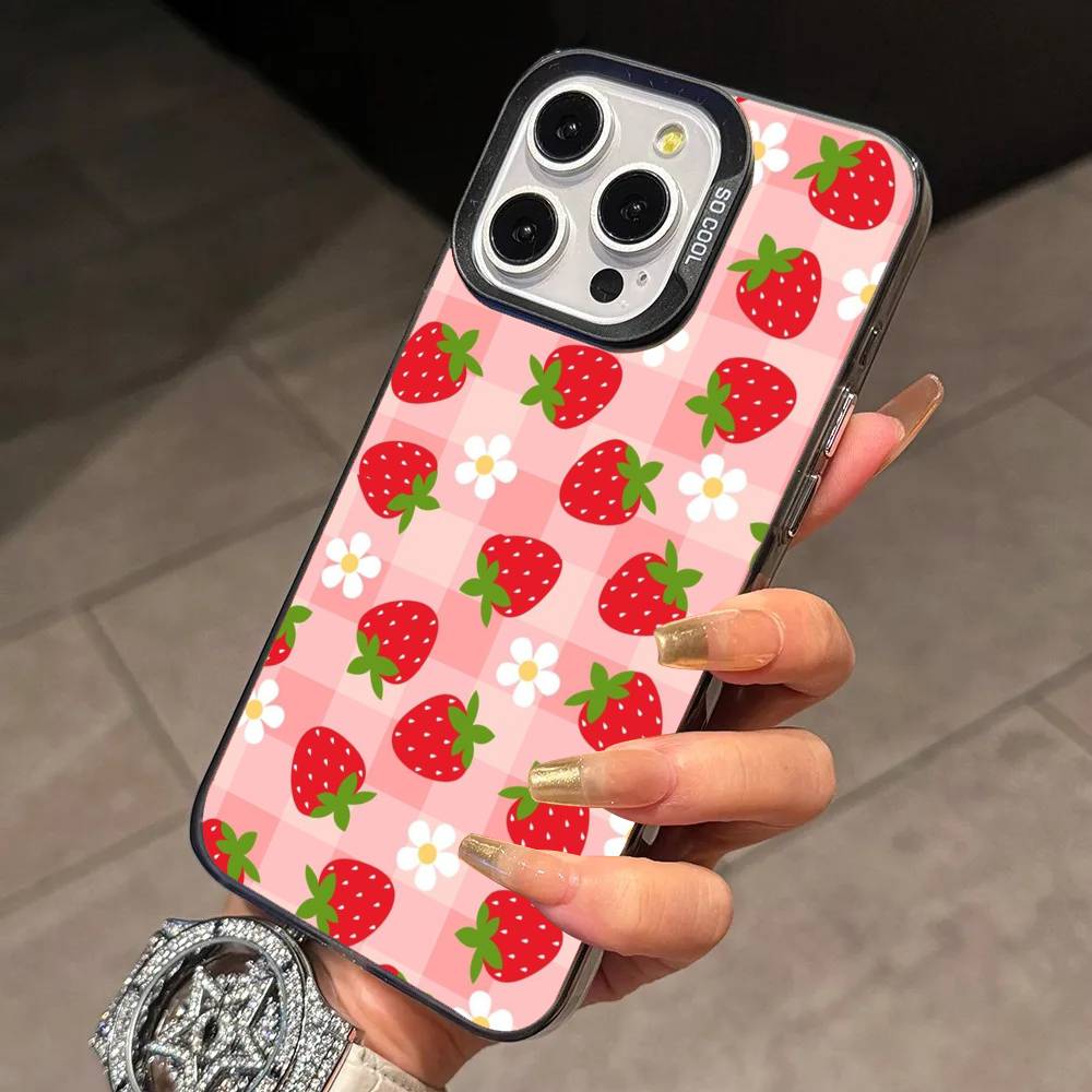 Cute Strawberry Phone Case For iPhone 17,16,15,14,13,12,11 Plus,Pro Max,XS,Colorful Silver Phone case Funda Cover