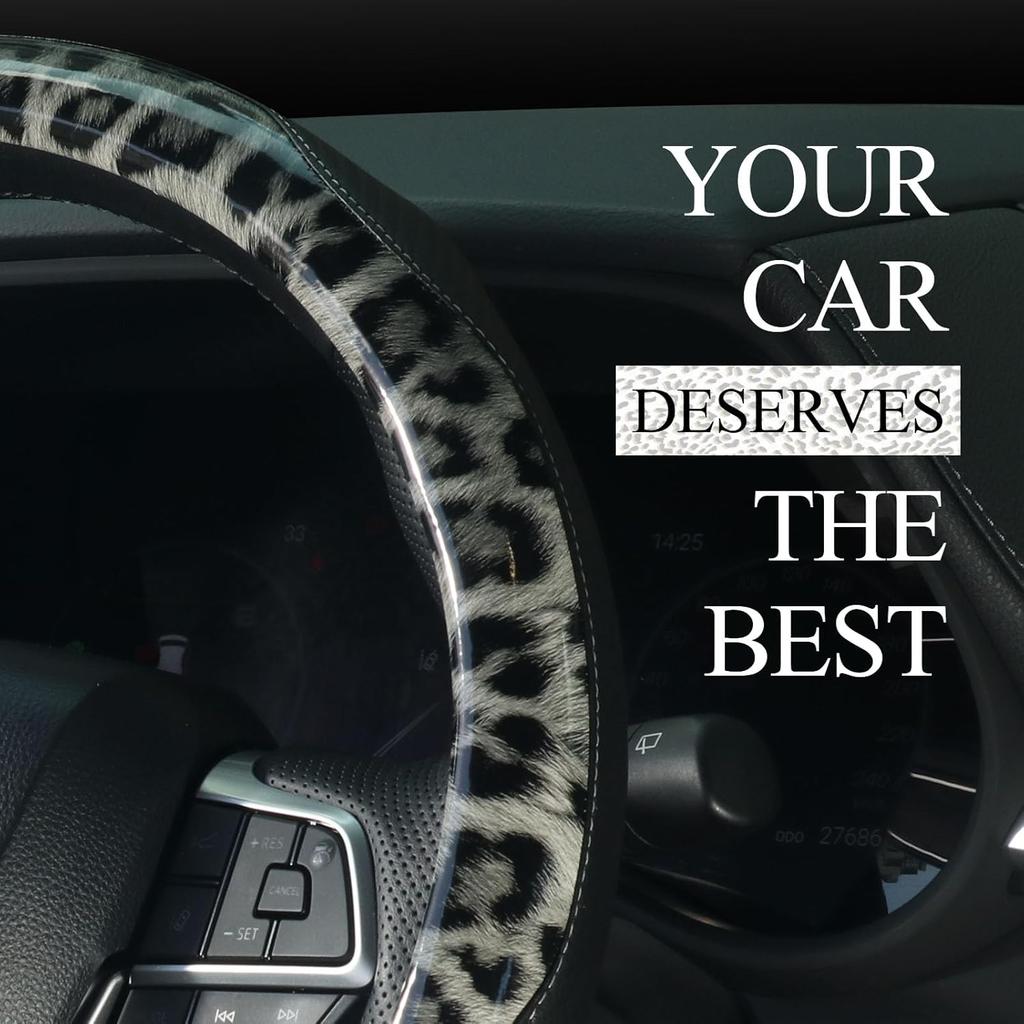 KAFEEK Leopard Print Steering Wheel Cover 15 Inch, Microfiber Leather Cheetah Pattern for Women Girls, Non-Slip Rubber Inner, All-Season Comfort,
