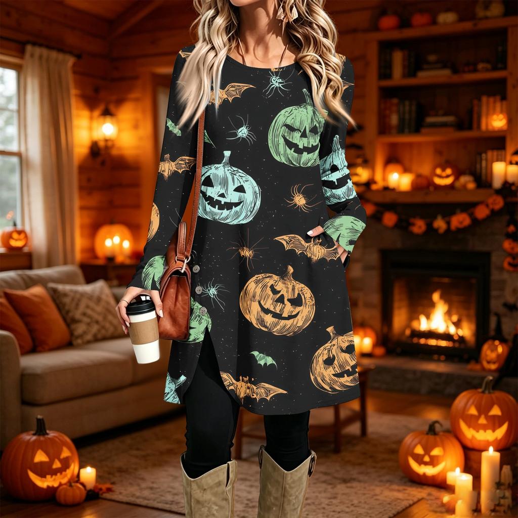 Women's Casual Printed Long Sleeve Neck Dress for Daily Wear