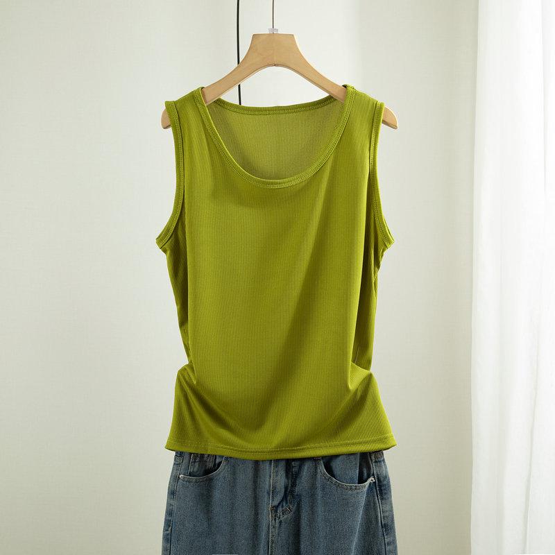 Women's Plus Size Ice Silk Ribbed Sleeveless Tank Top with Wide Shoulders, Round Neck, Ideal for Summer Outerwear or Innerwear.