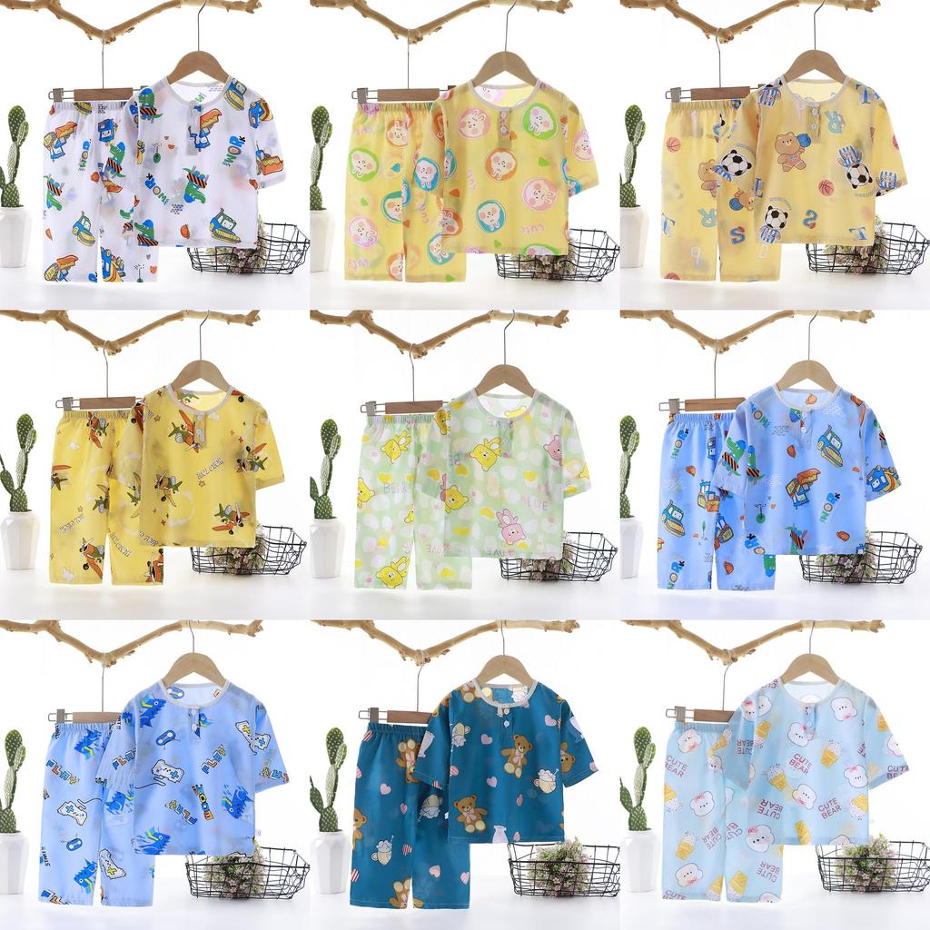 Cartoon Dinosaur Kids Sleepwear Set With Breathable Cotton Silk For Summer Comfort