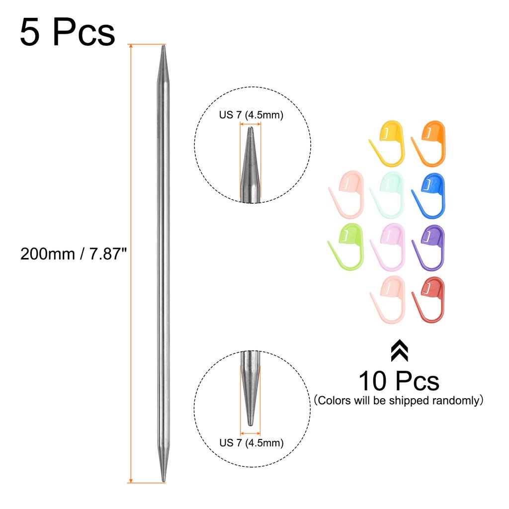 5Pcs US 3-6.5mm Double Pointed Knitting Needle 7.87 Inches Length Sweater Stitching Needles with 10 Stitch Marker