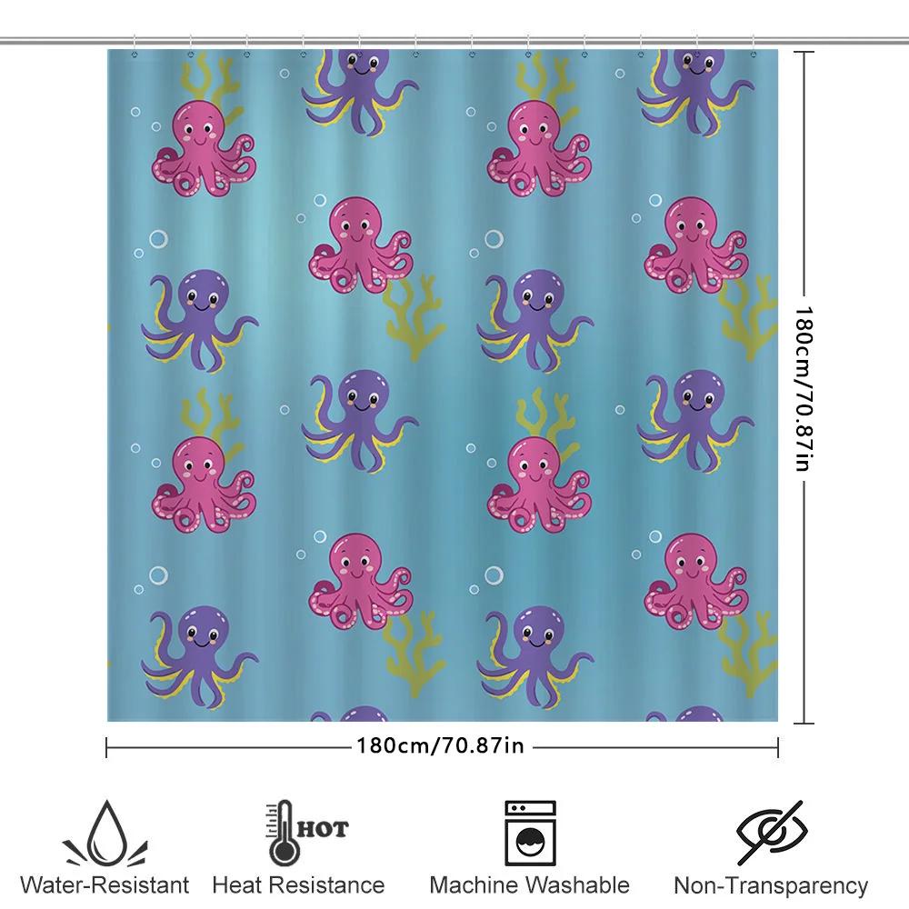 Octopus Bath Shower Curtain Kids Cartoon Blue Bathroom Decor Waterproof Washable Home Decoration