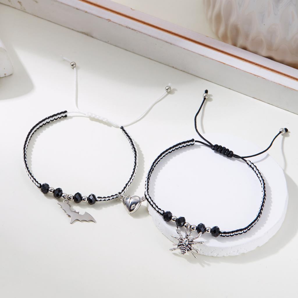 Set da 2 Pezzi Braccialetto in Corda Intrecciata Ragno Pipistrello Gotico Per Donne Uomini Cuore Magnetico Abbinato Braccialetti per Coppie Gioielli Regalo di Halloween